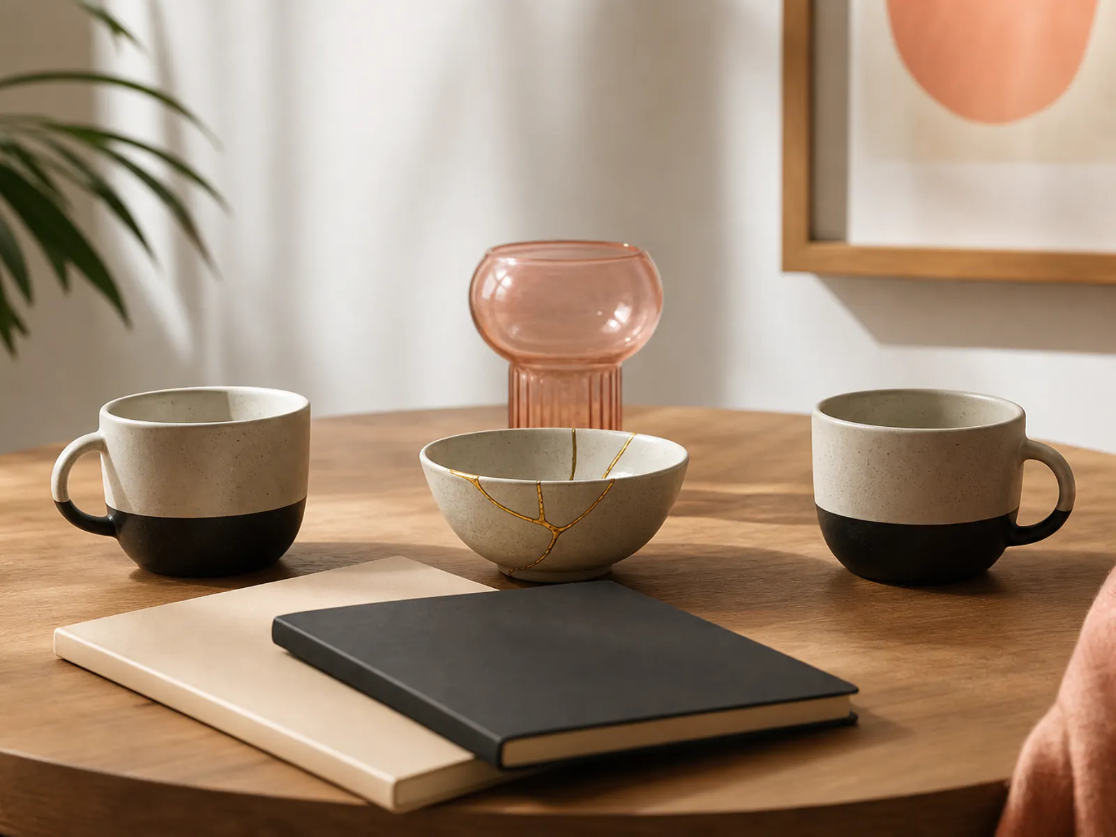 Editorial still life of two ceramic cups, a repaired bowl and blank notebooks arranged on a table.