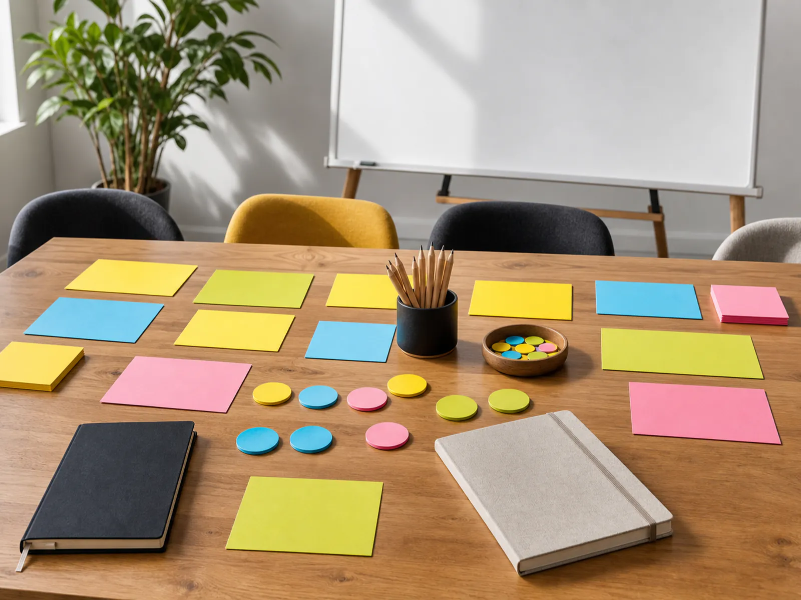 Editorial image of blank workshop cards, notebooks and pencils arranged on a teaching table.