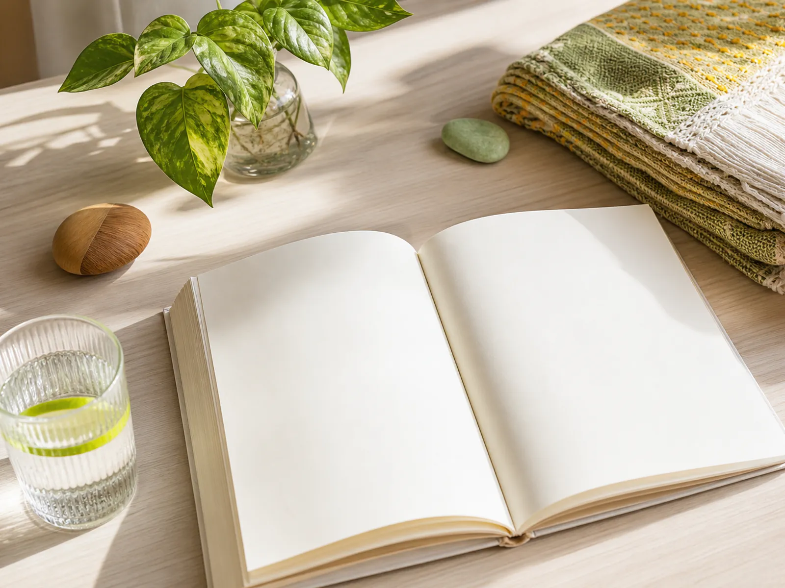 Editorial image of a sunlit table with a blank journal, water, folded linen and a small plant.